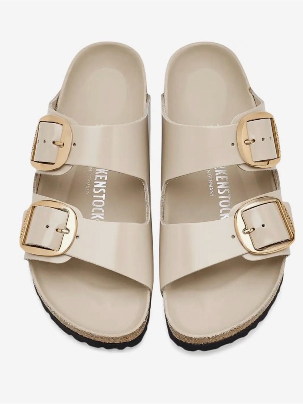 Birkenstock Arizona Big Buckle Sandal in High Shine New Beige with Gold Buckles